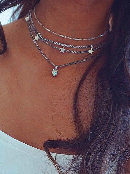 Star Pendant Layered Choker Necklace - SILVER 