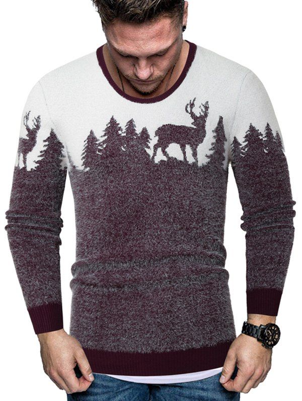 Christmas Elk Graphic Crew Neck Fuzzy Sweater - RED 2XL