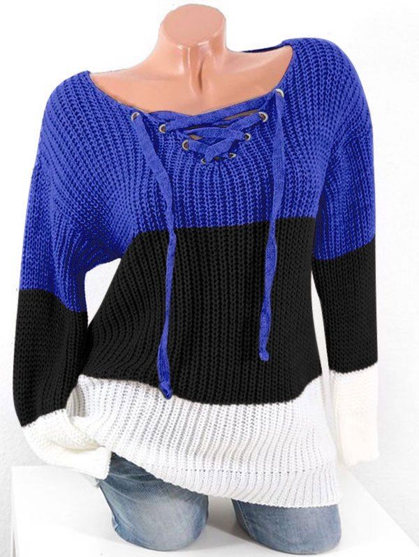 

Plus Size Colorblock Lace Up Chunky Sweater, Cobalt blue