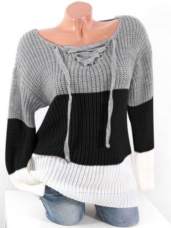 Plus Size Colorblock Lace Up Chunky Sweater - GRAY 1X