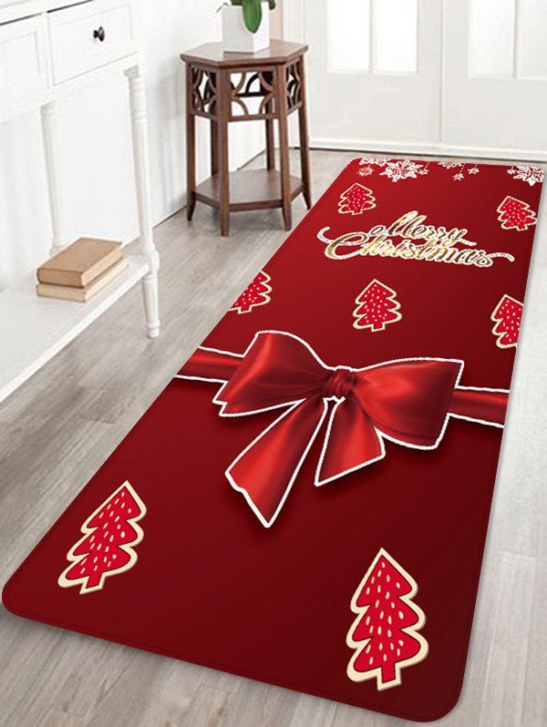 

Merry Christmas Tree Bowknot Pattern Floor Rug, Cherry red