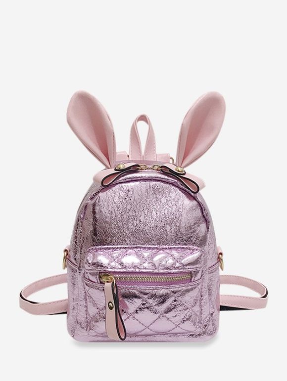 Mini Sac à Dos Brillant Oreille de Lapin avec Poche en Avant - Rose Cochon 