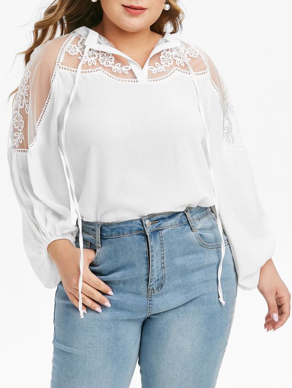 Chemisier Panneau en Maille de Grande Taille Manches Raglan à Col Noué - Blanc 2X