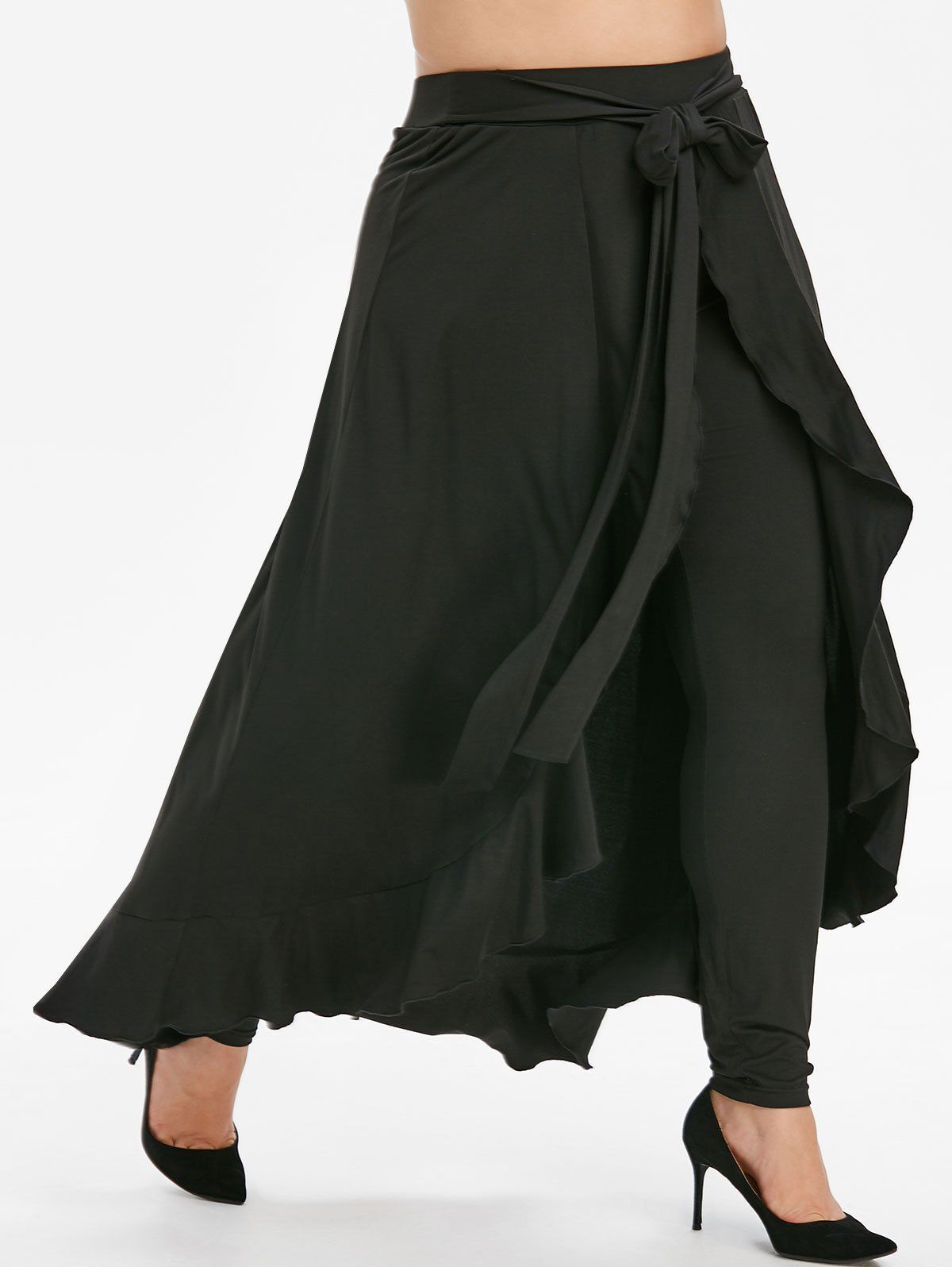 [31% OFF] 2021 Plus Size Tie Waist Ruffle Skited Pants In BLACK | DressLily