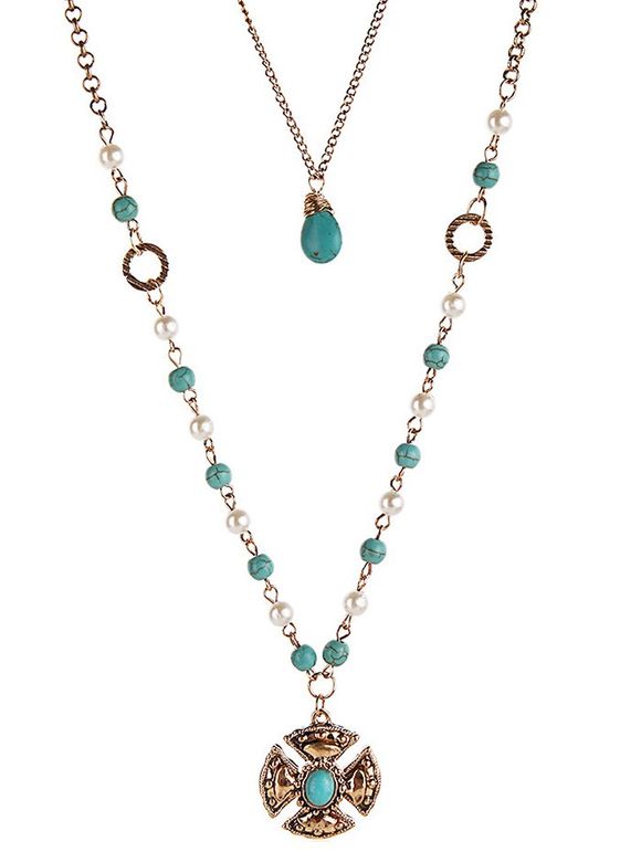 Collier Superposé en Turquoise Artificielle Style Bohémien - Or 