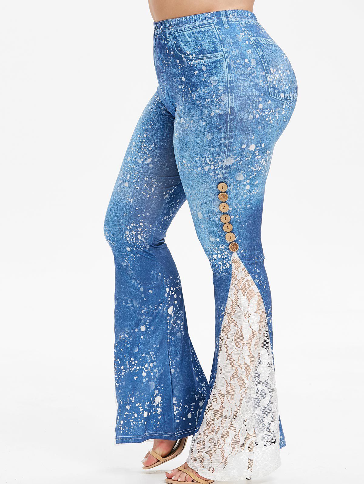 Plus Size High Rise Paint Lace Insert Flare 3D Leggings - DENIM BLUE 2X
