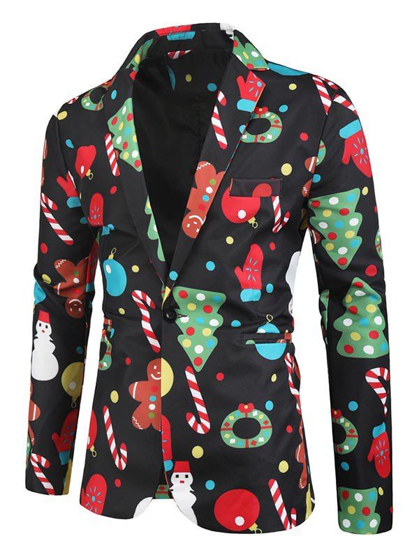 

Christmas Tree Cartoon Pattern Button Blazer, Black