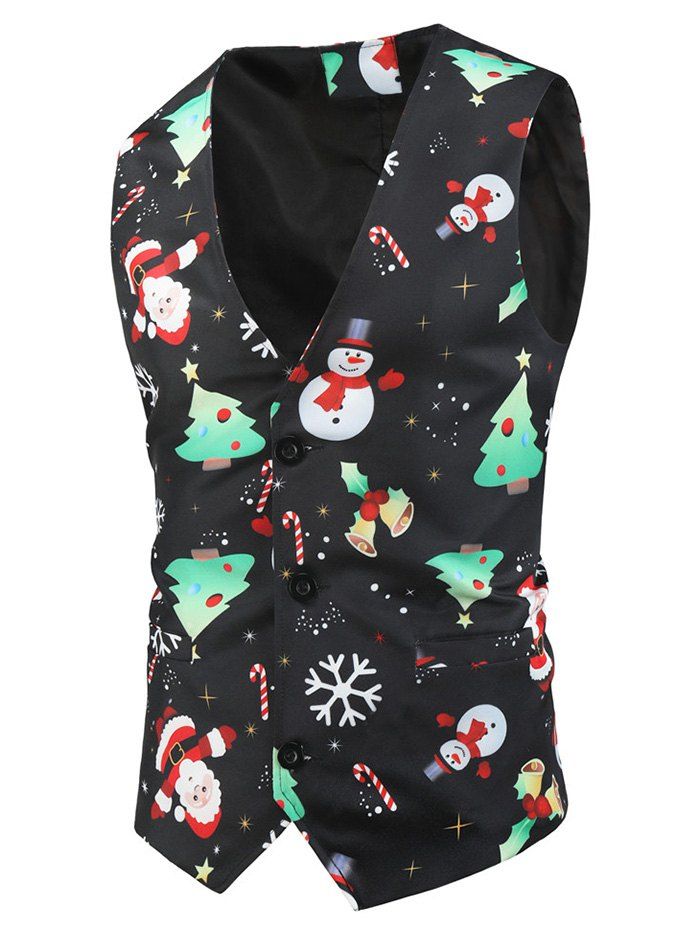Christmas Tree Snowman Pattern Button Waistcoat - BLACK 2XL