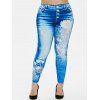 Legging 3D Fleuri à Taille Haute Grande Taille - Bleu Océan L