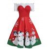 Robe à Imprimé Patineuse de Noël Bonhomme de Neige à Epaule Dénudée à Volants - Rouge XL