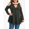 T-shirt Croisé en Dentelle Insérée à Epaule Dénudée de Grande Taille - Noir 4X