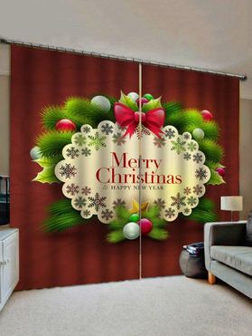 2 Panels Christmas Ball Wreath Greeting Print Window Curtains