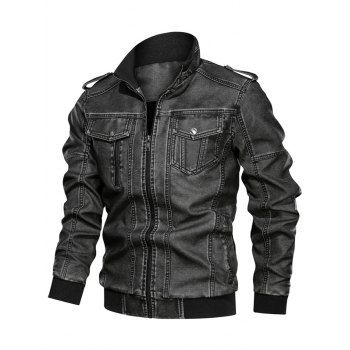 

Solid Color Faux Leather Cargo Jacket, Black