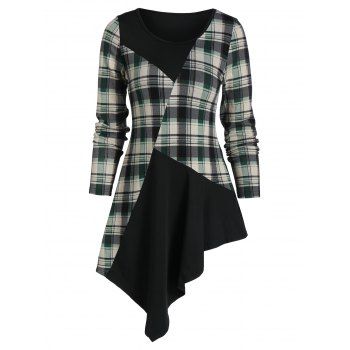 

Plaid Insert Asymmetric Longline T Shirt, Multicolor a