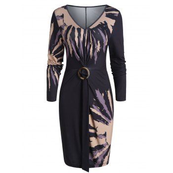 

V Neck Printed Twist Button Mini Dress, Multicolor a
