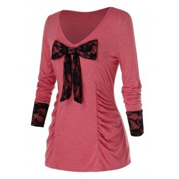 

Plus Size Floral Lace Panel Bowknot T-Shirt, Watermelon pink