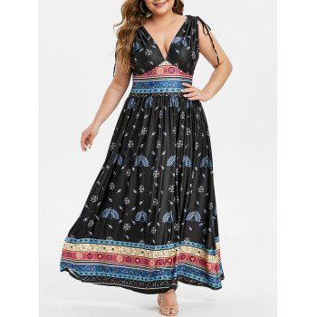 

Plus Size Peacock Print Plunging Empire Waist Dress, Black