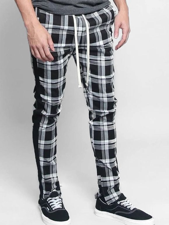 Plaid Pattern Casual Drawstring Pants - BLACK L