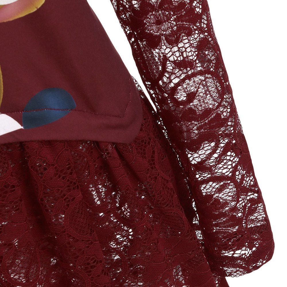 

Longline Cartoon Elk Print Lace Panel Christmas Plus Size Top, Red