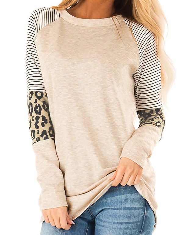 Striped Leopard Raglan Sleeve Longline T-shirt - BLANCHED ALMOND M