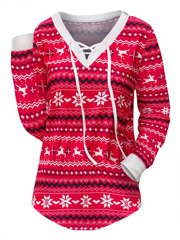 T-shirt de Noël Flocon de Neige à Ourlet Courbe à Lacets - Rouge XL