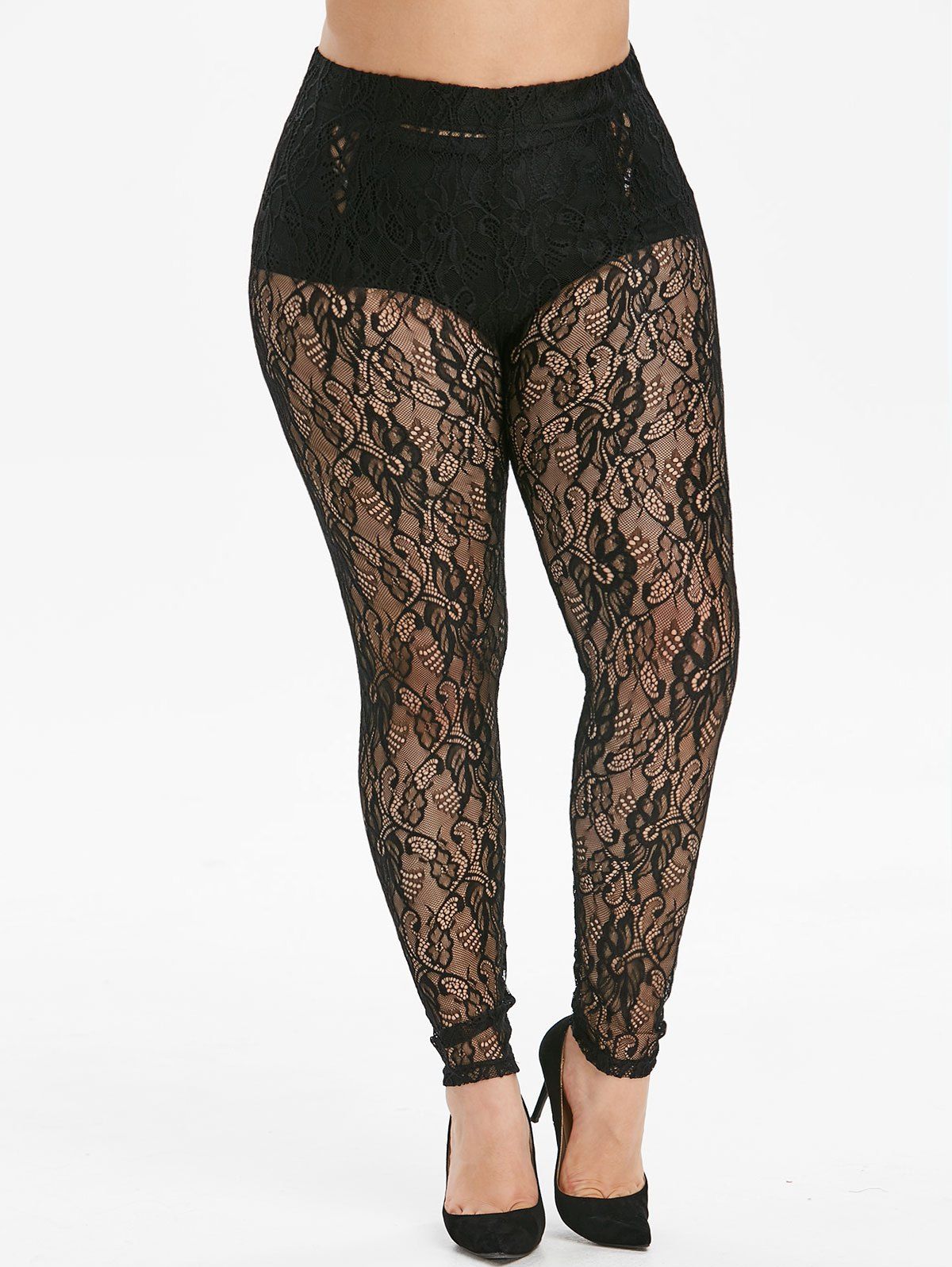 

High Waisted Openwork Lace Plus Size Leggings, Black