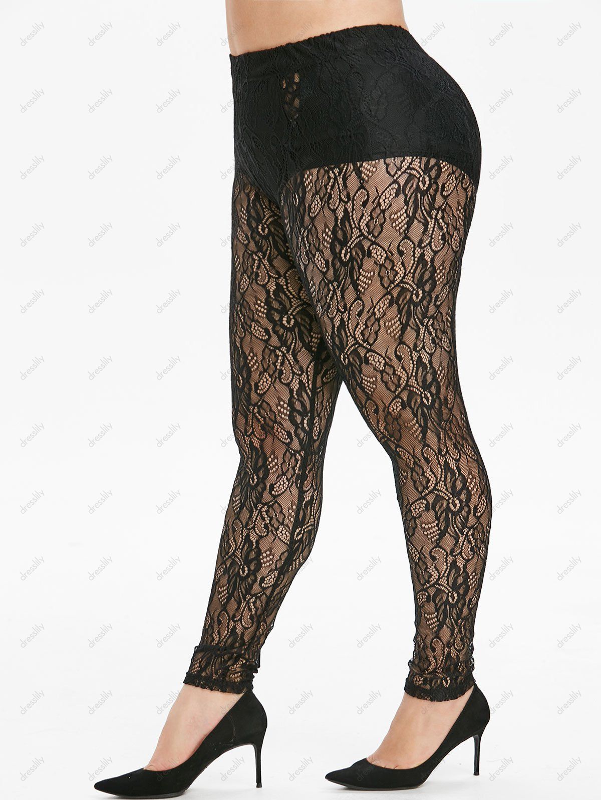 29 Off 2021 High Waisted Openwork Lace Plus Size Leggings In Black Dresslily 8059