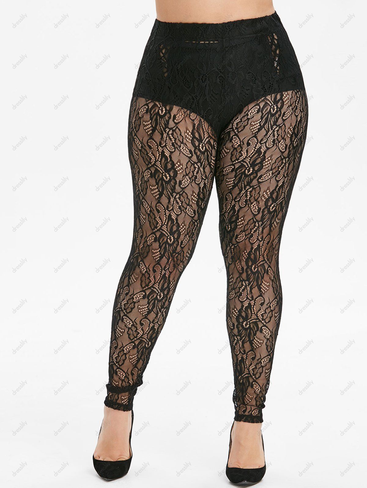 [29% OFF] 2021 High Waisted Openwork Lace Plus Size Leggings In BLACK ...