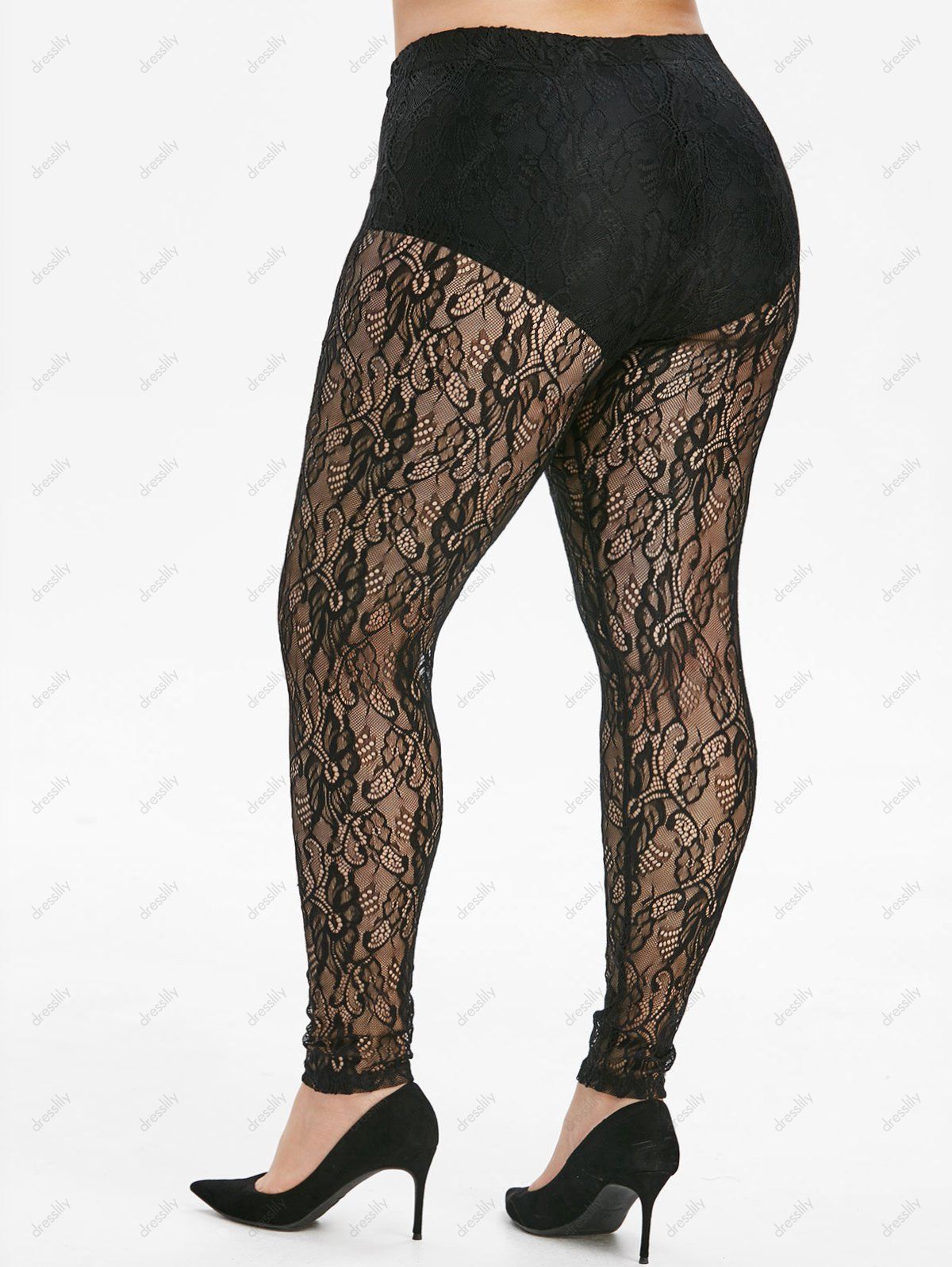 29 Off 2021 High Waisted Openwork Lace Plus Size Leggings In Black Dresslily 8675