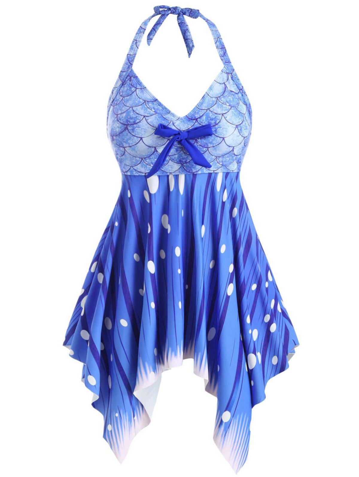

Mermaid Scales Printed Bowknot Halter Plus Size Tankini Swimsuit, Blue