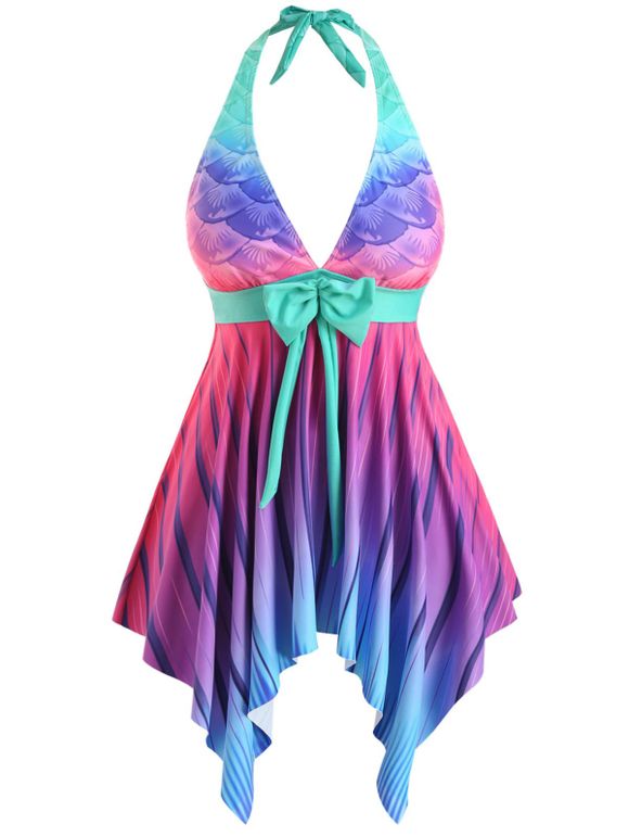 Maillot de Bain Tankini Ecaille de Sirène Ombre de Grande Taille avec Nœud Papillon à Col Halter - Rose 3X