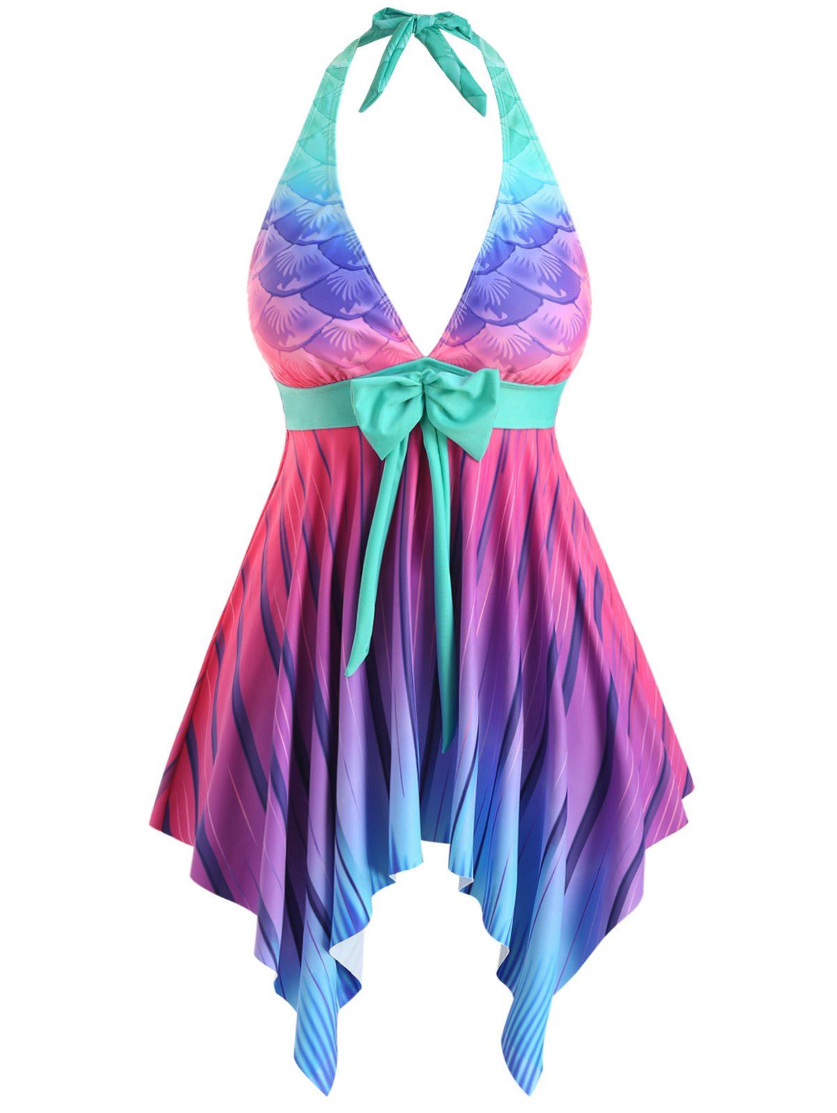 

Mermaid Scales Ombre Stripes Bowknot Halter Plus Size Tankini Swimsuit, Pink