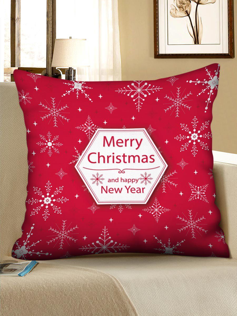 

Merry Christmas Snowflake Polyester Pillow Cover, Red