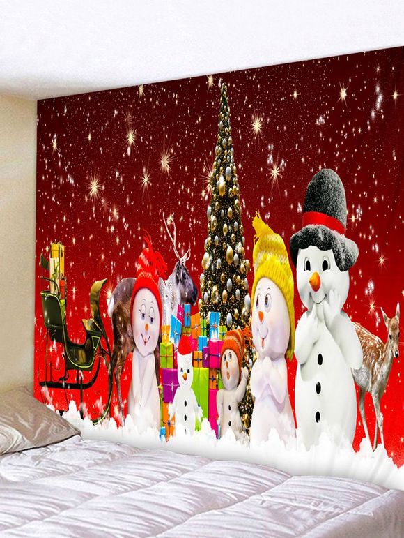 Tapisserie Murale Pendante Art Décoration Sapin de Noël et Famille de Bonhomme de Neige Imprimés - multicolor W59 X L51 INCH