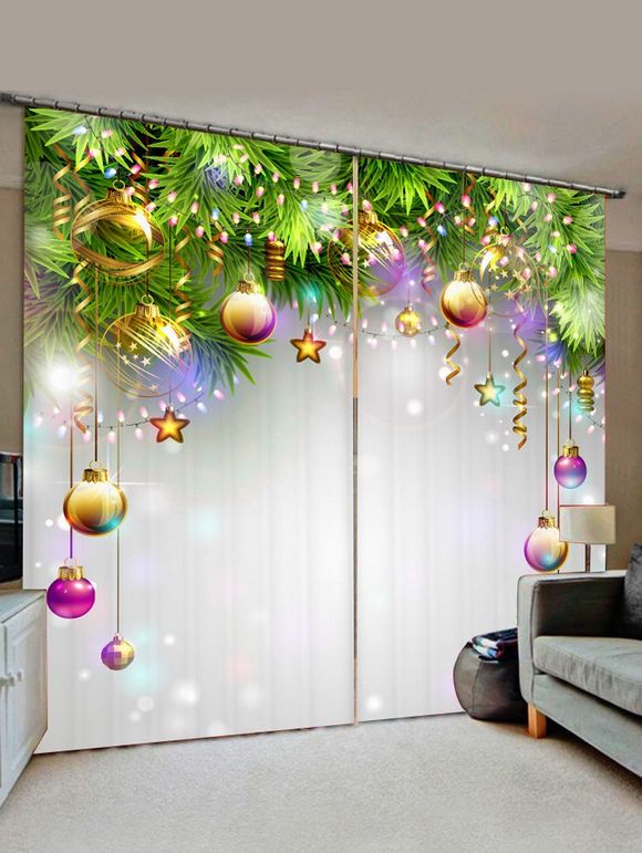 Rideaux de Fenêtre Boule de Noël et Etoile Imprimés 2 Panneaux - Vert Oignon W30 X L65 INCH X 2PCS