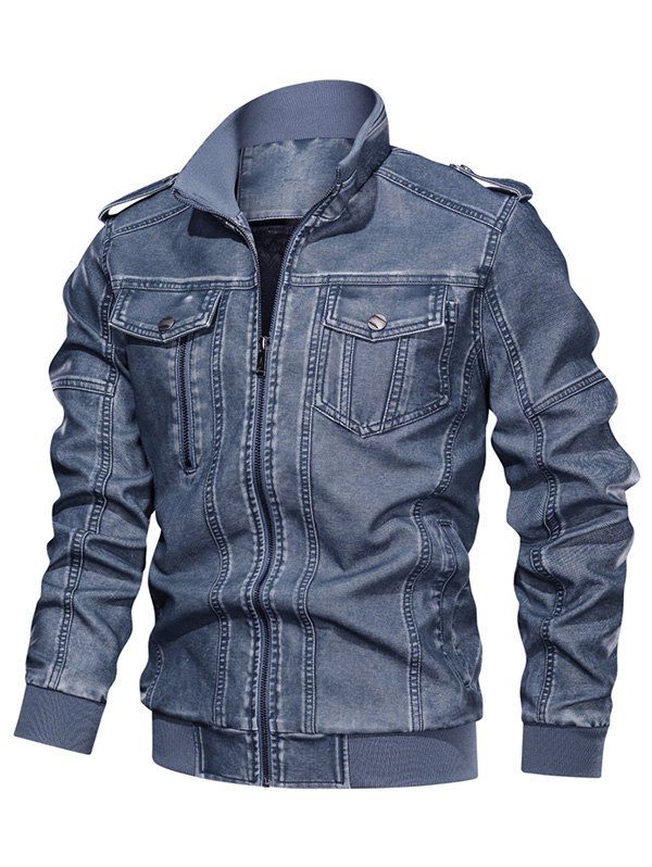 

Solid Color Faux Leather Cargo Jacket, Slate blue