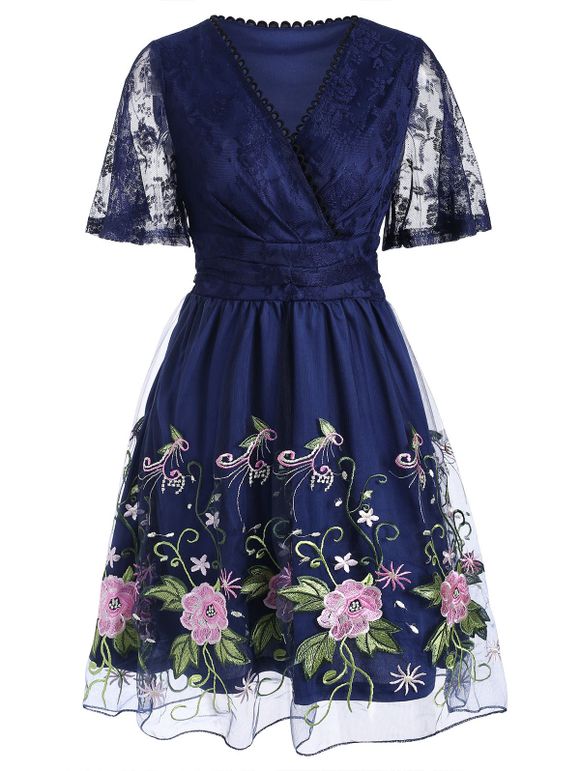 Robe Superposée Fleurie Brodée en Maille - Bleu profond XL
