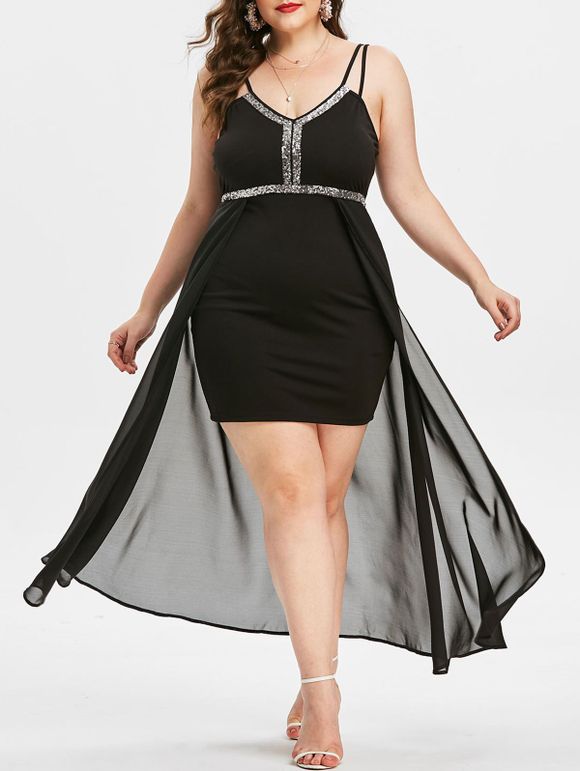 Taille Plus col en V pailletée Overlay Cami robe de bal - Noir 5X