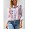 Striped Pocket Roll Tab Sleeve Longline Shirt - multicolor A L