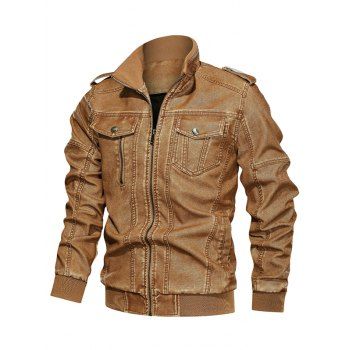

Solid Color Faux Leather Cargo Jacket, Bee yellow