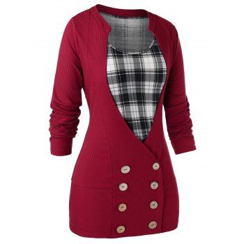 

Plus Size Double Breasted Cardigan With Plaid Tank Top Set, Multicolor a