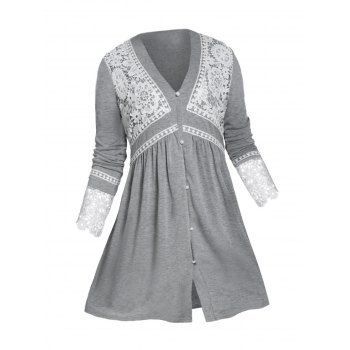 

Plus Size Guipure Lace Button Loop Long Sleeve Tee, Gray