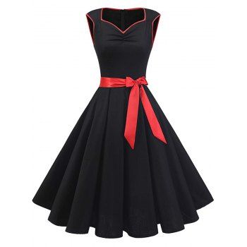 

Sweetheart Contrast Piping Belted Rockabilly Style Dress, Black