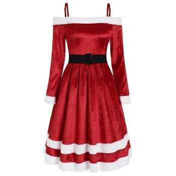 

Fur Trim Belt Embellished Velvet Christmas Dress, Cherry red