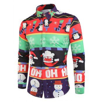 

Christmas Pattern Print Colorblock Button Casual Shirt, Red