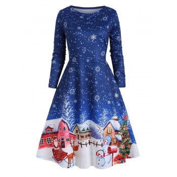 

Christmas Snowflake Print Plus Size A Line Dress, Blue