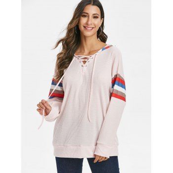 

Lace Up Striped Loose Hoodie, Pink