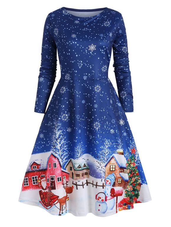 Robe de Noël Ligne A Flocon de Neige Imprimé de Grande Taille - Bleu 1X