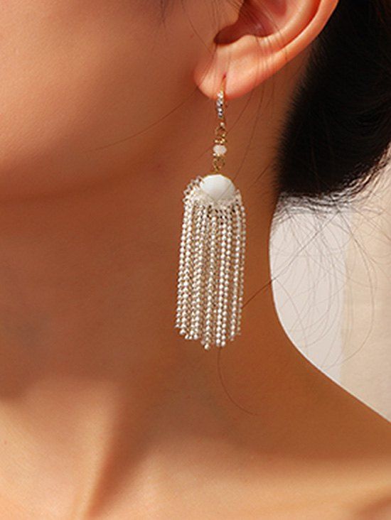 Boucles d'Oreilles au Crochet Perlées en Fausse Gemme - Blanc 