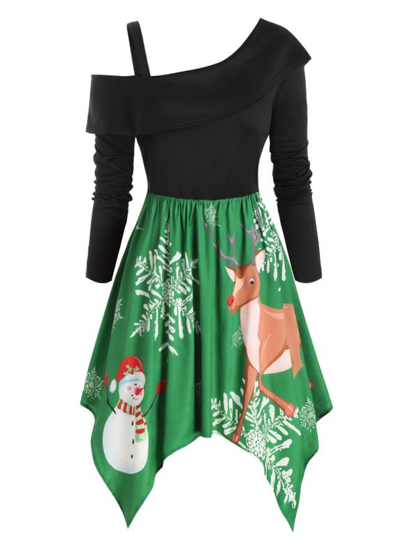 Robe de Noël Flocon de Neige Cerf et Chat Imprimés à Epaule Dénudée Grande Taille - Vert Trèfle 5X